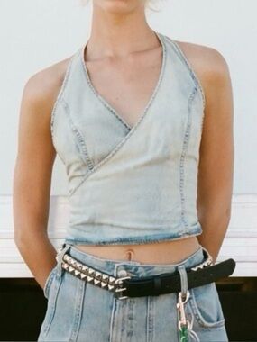 ZARA Denim Halter Wrap Top Size M